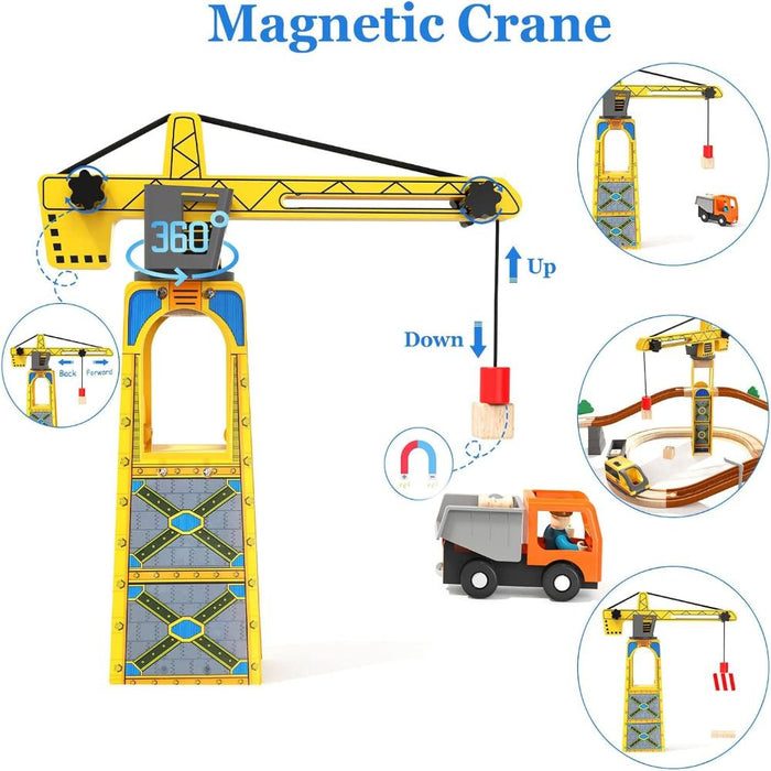 Open Ended 72PCS Tower Crane Wooden Train Set (Motorised Train)-Vehicles-Open Ended-Toycra