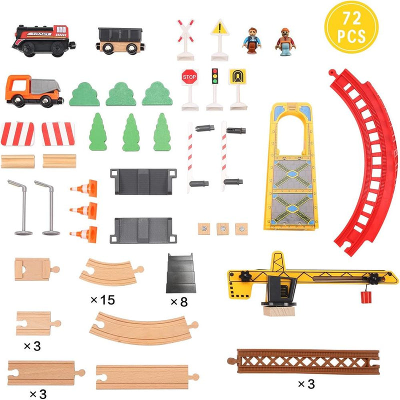 Open Ended 72PCS Tower Crane Wooden Train Set (Motorised Train)