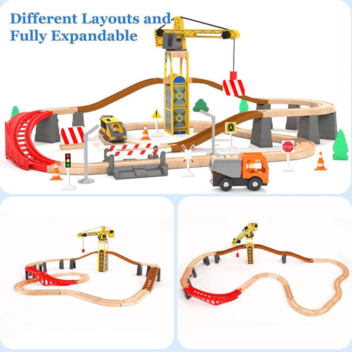 Open Ended 72PCS Tower Crane Wooden Train Set (Motorised Train)-Vehicles-Open Ended-Toycra