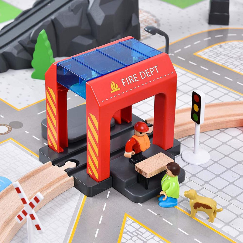 Open Ended 72pcs Wooden Fire Station Train Set (Motorised Train)