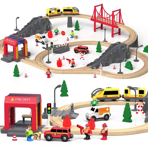 Open Ended 72pcs Wooden Fire Station Train Set (Motorised Train)-Vehicles-Open Ended-Toycra