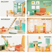 Open Ended Candy Wooden Dollhouse with 25 pcs Furniture Accessories