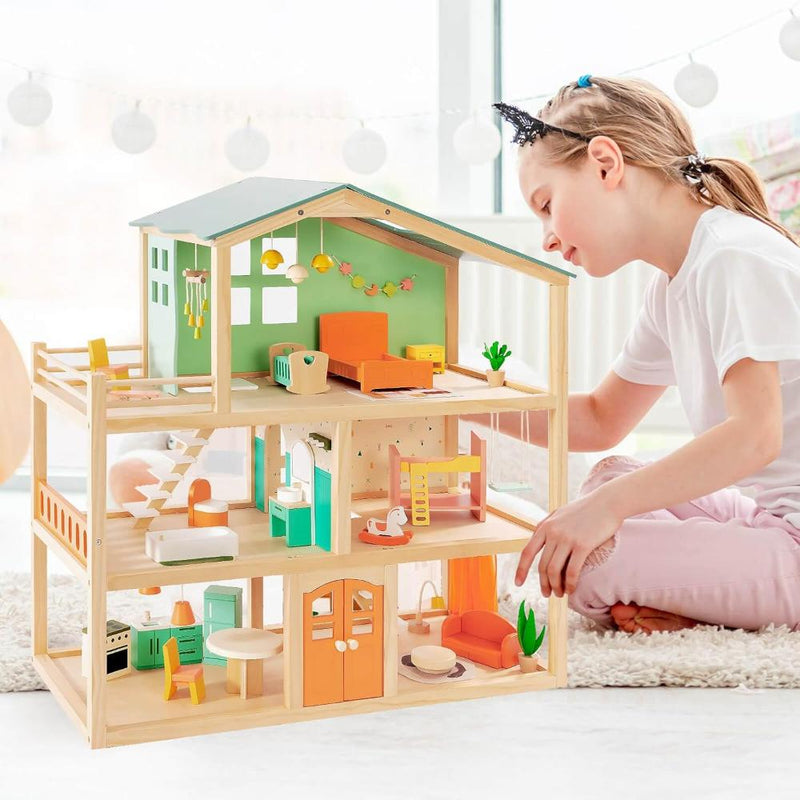 Open Ended Candy Wooden Dollhouse with 25 pcs Furniture Accessories