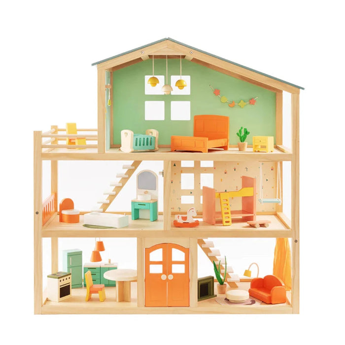 Open Ended Candy Wooden Dollhouse with 25 pcs Furniture Accessories Toycra