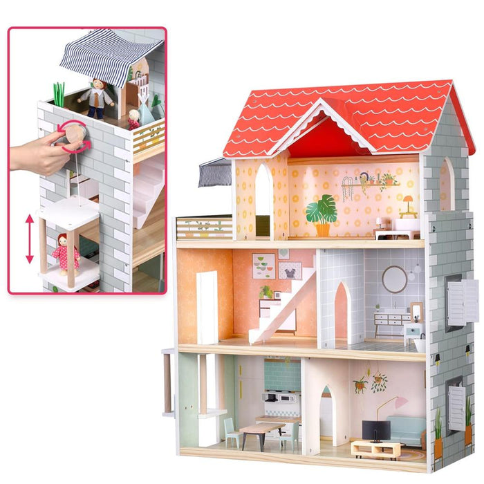 Open Ended Red Roof Wooden Dollhouse with Furniture Set-Pretend Play-Open Ended-Toycra