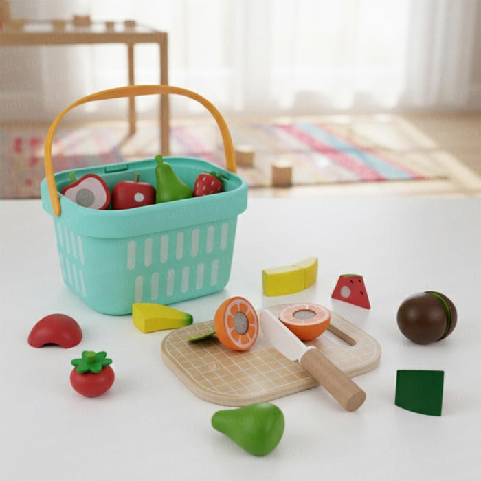 Open Ended Wooden Cutting Fruits Basket Set-Pretend Play-Open Ended-Toycra