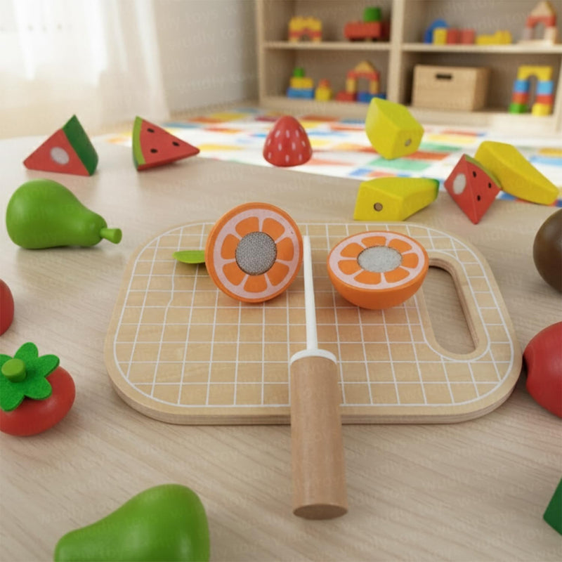 Open Ended Wooden Cutting Fruits Basket Set
