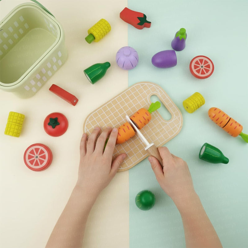 Open Ended Wooden Cutting Vegetables Basket Set