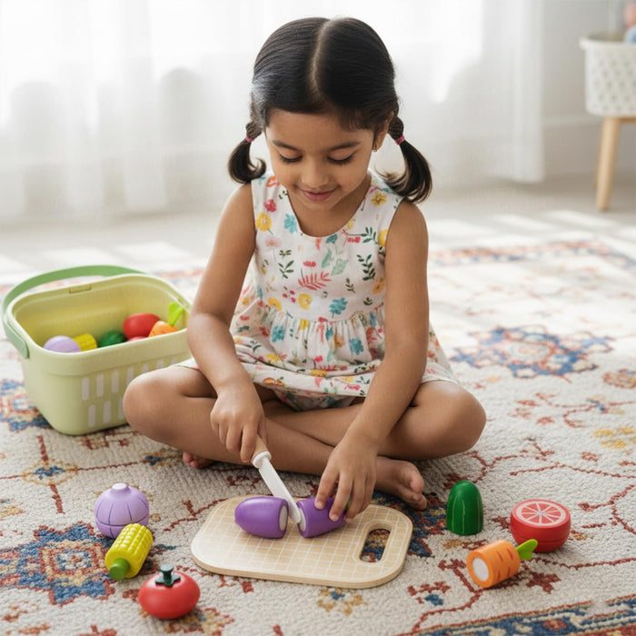 Open Ended Wooden Cutting Vegetables Basket Set-Pretend Play-Open Ended-Toycra