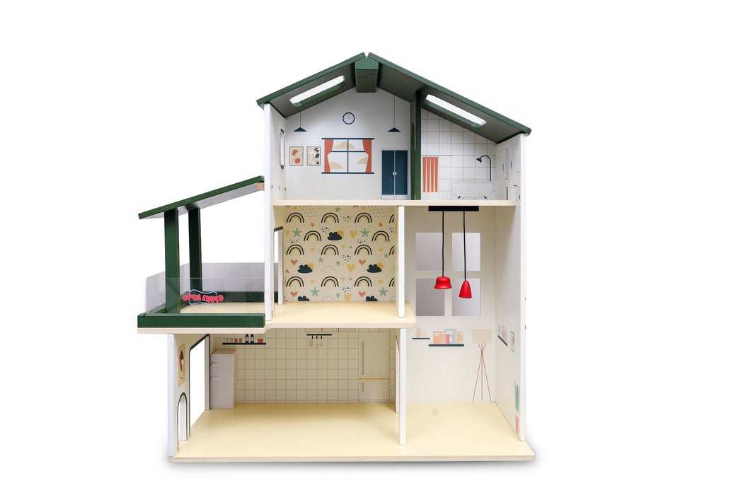 Open Ended Wooden Dollhouse Modern Villa (31 pcs furniture including doll figures included)
