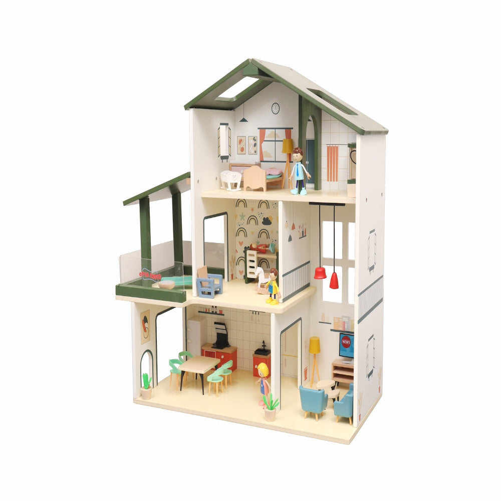 Open Ended Wooden Dollhouse - Modern Villa (31 pcs furniture including 4 doll figures included)