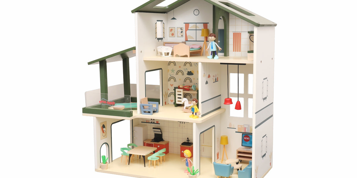Open Ended Wooden Dollhouse Modern Villa (31 pcs furniture including doll figures included)