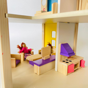 Open Ended Wooden Dollhouse - Redwood Cottage (19 pcs furniture + 2 doll figures included)