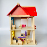 Open Ended Wooden Dollhouse - Redwood Cottage (19 pcs furniture + 2 doll figures included)