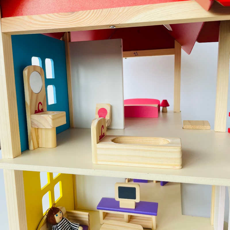 Open Ended Wooden Dollhouse - Redwood Cottage (19 pcs furniture + 2 doll figures included)