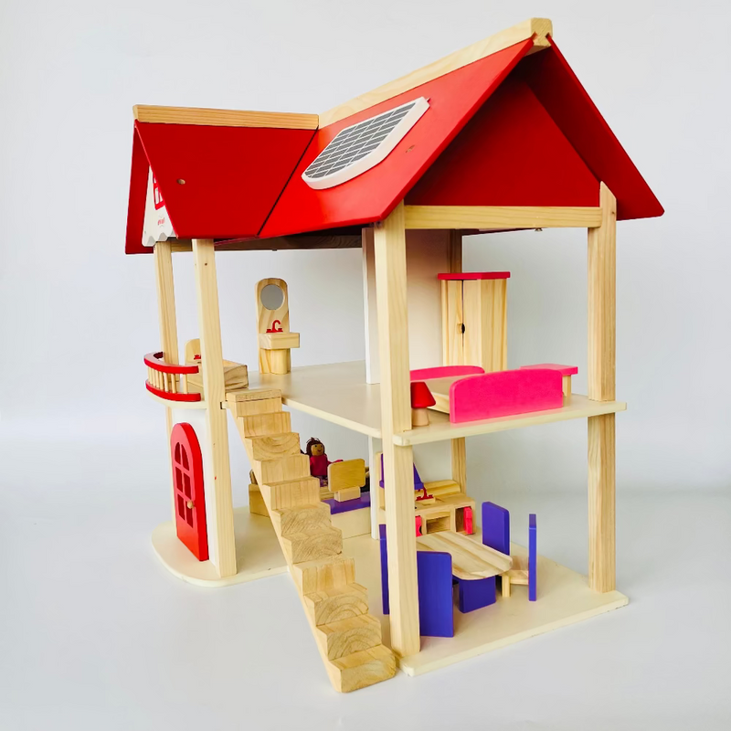 Open Ended Wooden Dollhouse - Redwood Cottage (19 pcs furniture + 2 doll figures included)