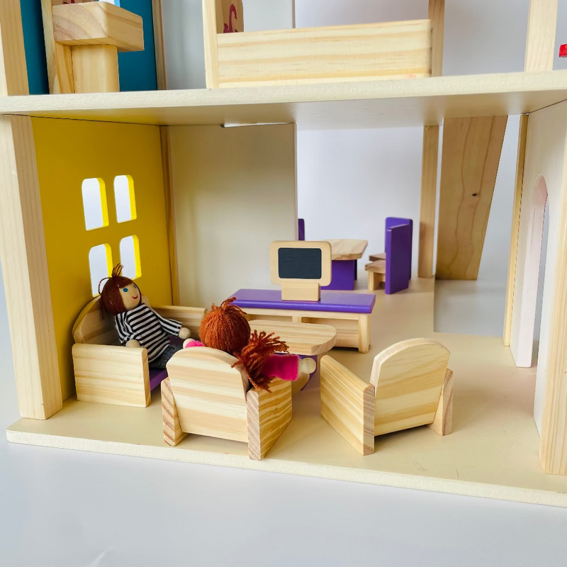 Open Ended Wooden Dollhouse - Redwood Cottage (19 pcs furniture + 2 doll figures included)