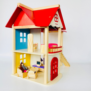 Open Ended Wooden Dollhouse - Redwood Cottage (19 pcs furniture + 2 doll figures included)
