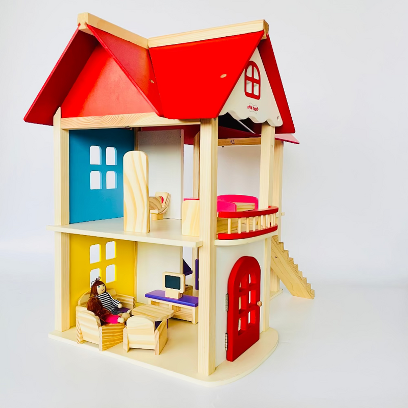 Open Ended Wooden Dollhouse - Redwood Cottage (19 pcs furniture + 2 doll figures included)