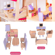 Open Ended Wooden Dollhouse - Redwood Cottage (19 pcs furniture + 2 doll figures included)