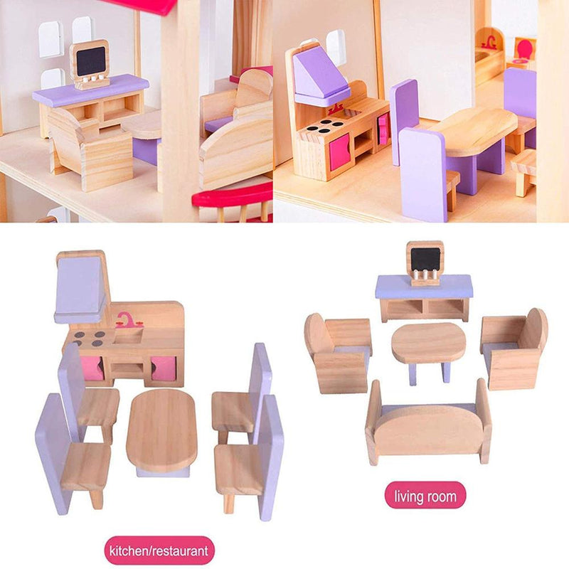 Open Ended Wooden Dollhouse - Redwood Cottage (19 pcs furniture + 2 doll figures included)