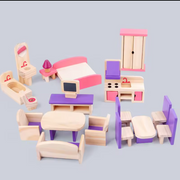 Open Ended Wooden Dollhouse - Redwood Cottage (19 pcs furniture + 2 doll figures included)