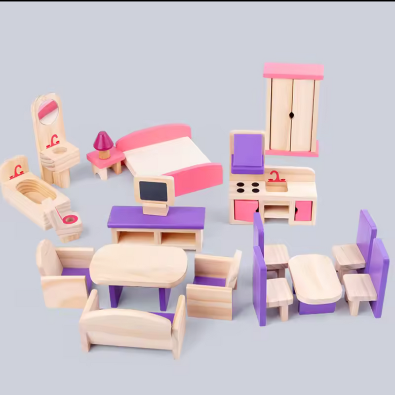 Open Ended Wooden Dollhouse - Redwood Cottage (19 pcs furniture + 2 doll figures included)