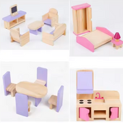 Open Ended Wooden Dollhouse - Redwood Cottage (19 pcs furniture + 2 doll figures included)