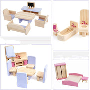Open Ended Wooden Dollhouse - Redwood Cottage (19 pcs furniture + 2 doll figures included)