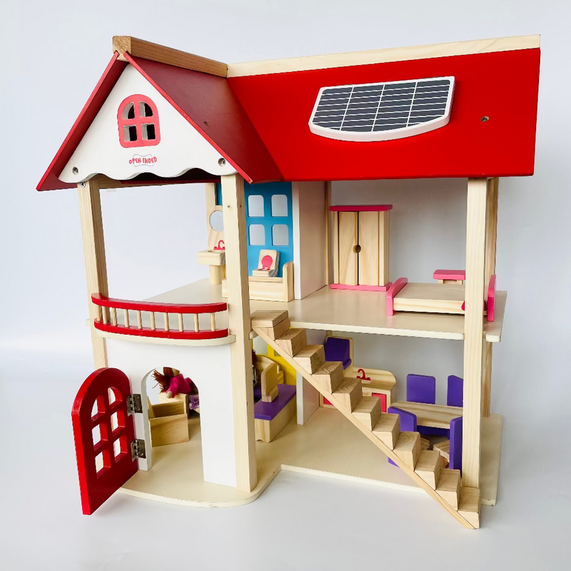 Open Ended Wooden Dollhouse - Redwood Cottage (19 pcs furniture + 2 doll figures included)