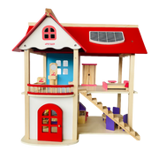 Open Ended Wooden Dollhouse - Redwood Cottage (19 pcs furniture + 2 doll figures included)