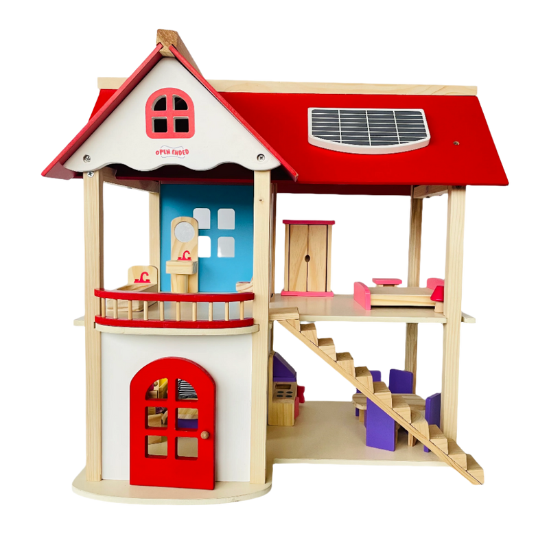 Open Ended Wooden Dollhouse - Redwood Cottage (19 pcs furniture + 2 doll figures included)