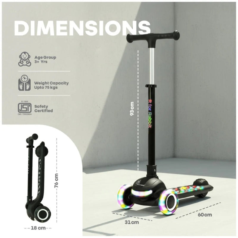 R For Rabbit Road Runner Jazz Scooter For Kids With ABEC7 Bearings, LED PU Wheels & Foldable Frame - Pure Black