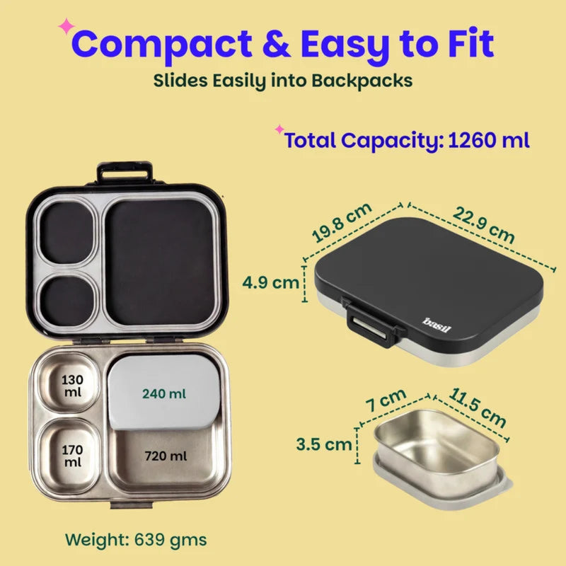 Basil Bento Box Quad Plus- 3+1 Compartment Stainless Steel Lunch Box - 1260ML