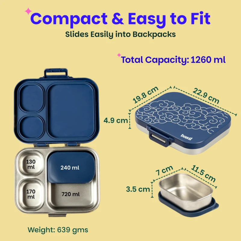 Basil Bento Box Quad Plus- 3+1 Compartment Stainless Steel Lunch Box - 1260ML