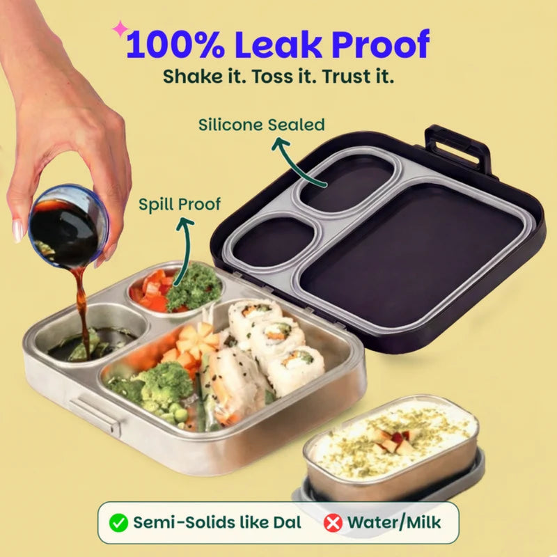 Basil Bento Box Quad Plus- 3+1 Compartment Stainless Steel Lunch Box - 1260ML