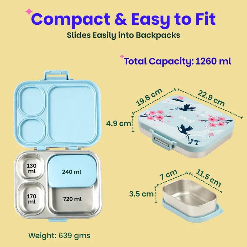 Basil Bento Box Quad Plus- 3+1 Compartment Stainless Steel Lunch Box - 1260ML