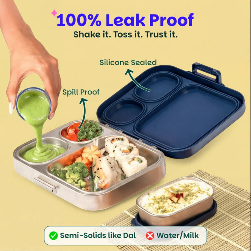Basil Bento Box Quad Plus- 3+1 Compartment Stainless Steel Lunch Box - 1260ML