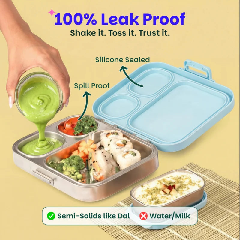 Basil Bento Box Quad Plus- 3+1 Compartment Stainless Steel Lunch Box - 1260ML