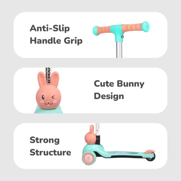 R for Rabbit Road Runner Bunny Scooter For Kids With PU LED Wheels -Green Peach-Ride Ons-R for Rabbit-Toycra
