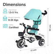 R for Rabbit Tiny Toes T30 Ace Tricycle 3 in 1, Adjustable Parental Control & Canopy, Front & Rear Basket
