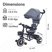 R for Rabbit Tiny Toes T30 Ace Tricycle 3 in 1, Adjustable Parental Control & Canopy, Front & Rear Basket
