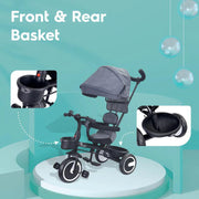R for Rabbit Tiny Toes T30 Ace Tricycle 3 in 1, Adjustable Parental Control & Canopy, Front & Rear Basket