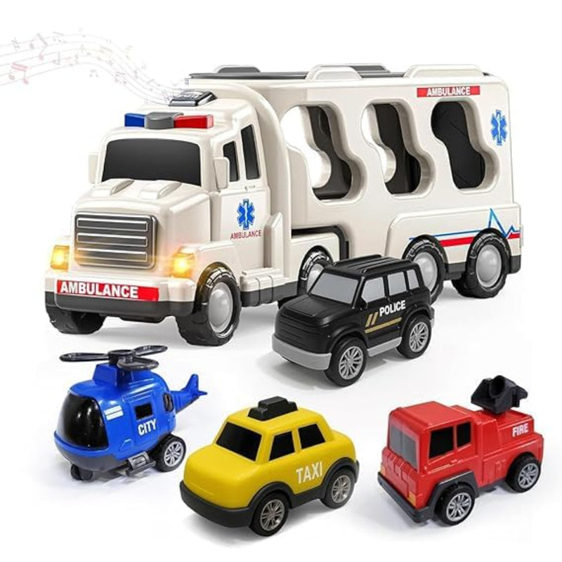 Shanvi Toys 5-in-1 Friction Powered Double Decker Transport Truck Toy Set