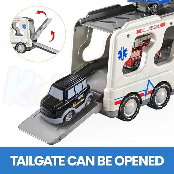 Shanvi Toys 5-in-1 Friction Powered Double Decker Transport Truck Toy Set