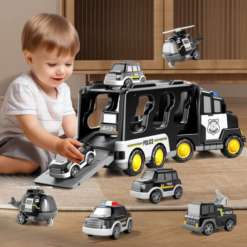 Shanvi Toys 5-in-1 Friction Powered Double Decker Transport Truck Toy Set