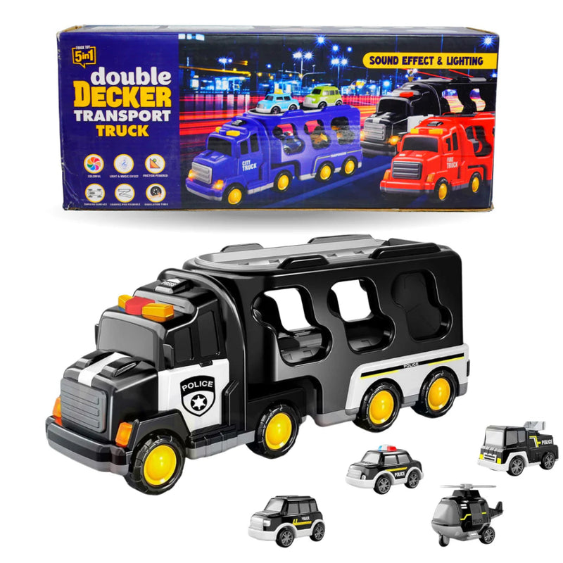 Shanvi Toys 5-in-1 Friction Powered Double Decker Transport Truck Toy Set