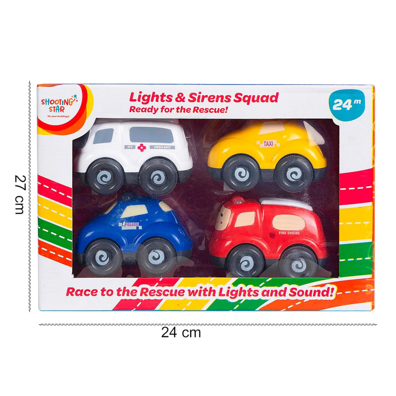 Shooting Star Light & Siren Vehicle Toys Friction Powered Running Cars Pack of 4