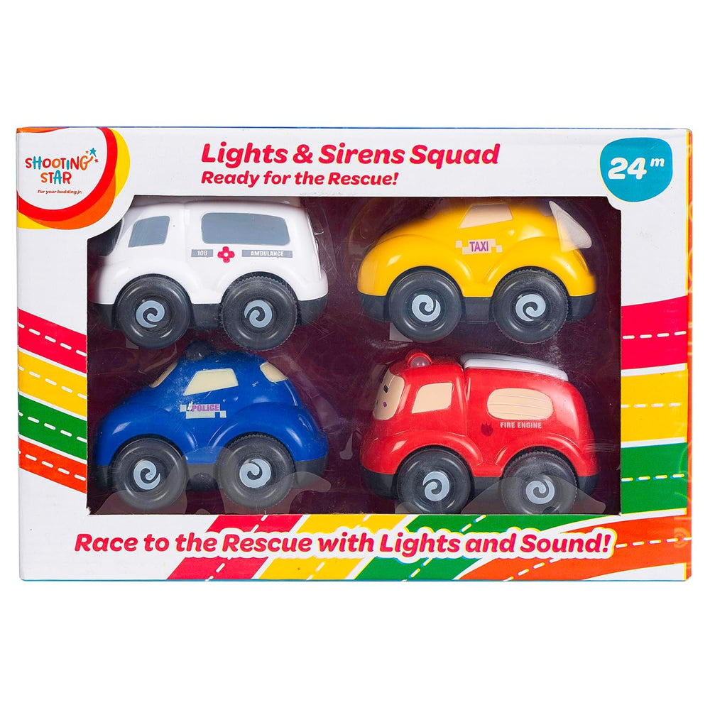 Shooting Star Light & Siren Vehicle Toys Friction Powered Running Cars Pack of 4