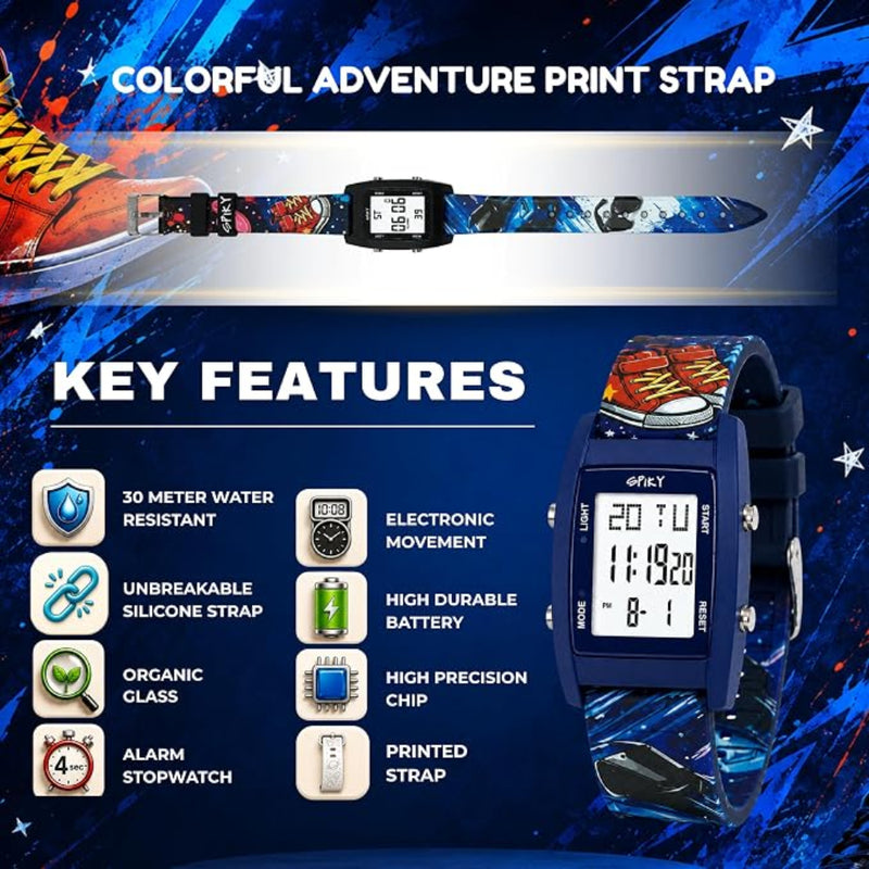 Spiky Adventure Printed Strap Digital Kids Watch With Luminous Display